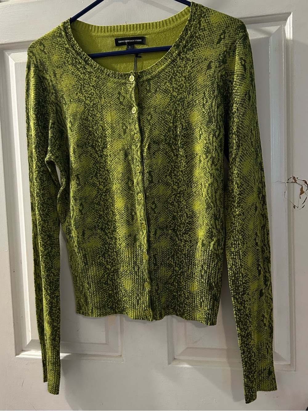 Express Lime Green Snake Print Button-Up Sweater
